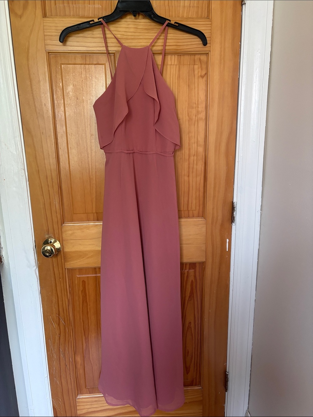 David's Bridal Dusty Rose Halter Ruffle Maxi Dress